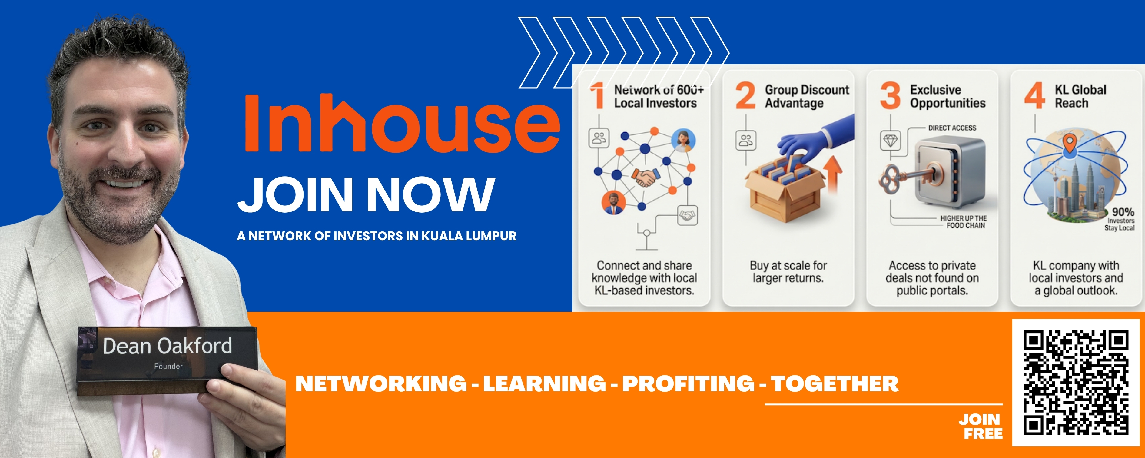 Inhouse Join Now - Network of investors in Kuala Lumpur banner showing Dean Oakford and membership benefits